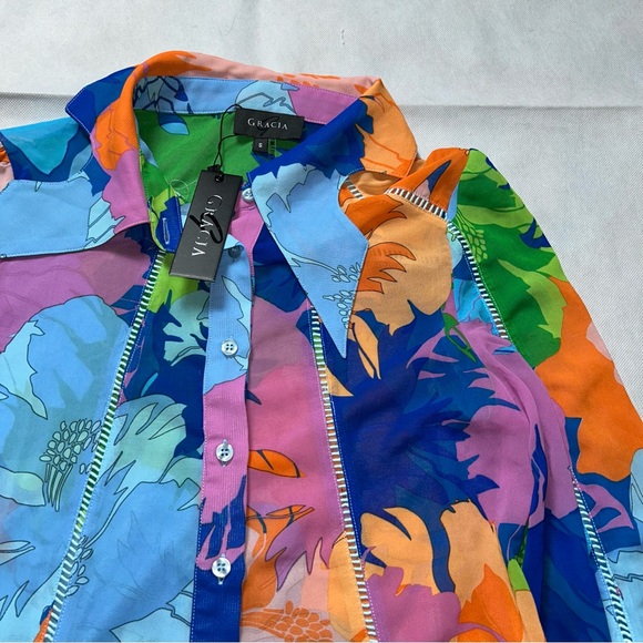 Garcia colorful chiffon balloon sleeve button up NWT size small - Picture 3 of 6